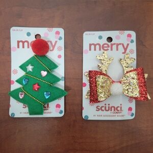 Scunci Kids Festive Hair Clips Christmas Tree & Bow With Antlers Nwt